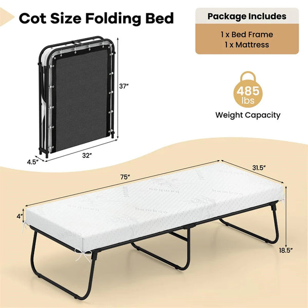 Cot Size Rollaway Guest Bed with Memory Foam Mattress, 75"x31" Portable Folding Bed with Heavy Duty Metal Frame for Home Office Small Spaces