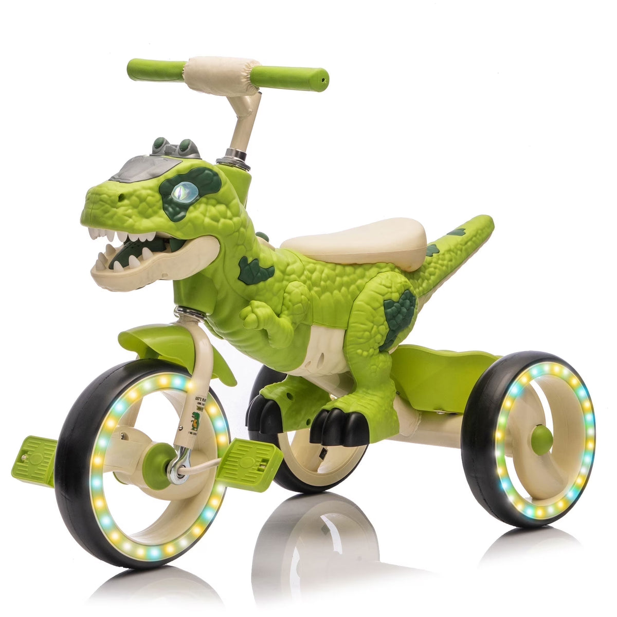 Xuanlur Kids Ride on Dinosaur Tricycle, Toddlers Kid Trike with Wide Flash Wheels, Anti Slip Pedals, Rear Basket, Music & LED Lights, Toddler Bike